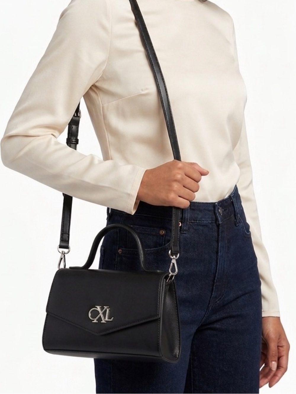 Christian Lacroix Laine Matte Patent Top Handle Crossbody Bag Black